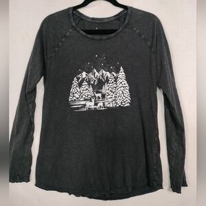 Charcoal Graphic Long Sleeve Tee with Winter Forest Print Natural Reflection